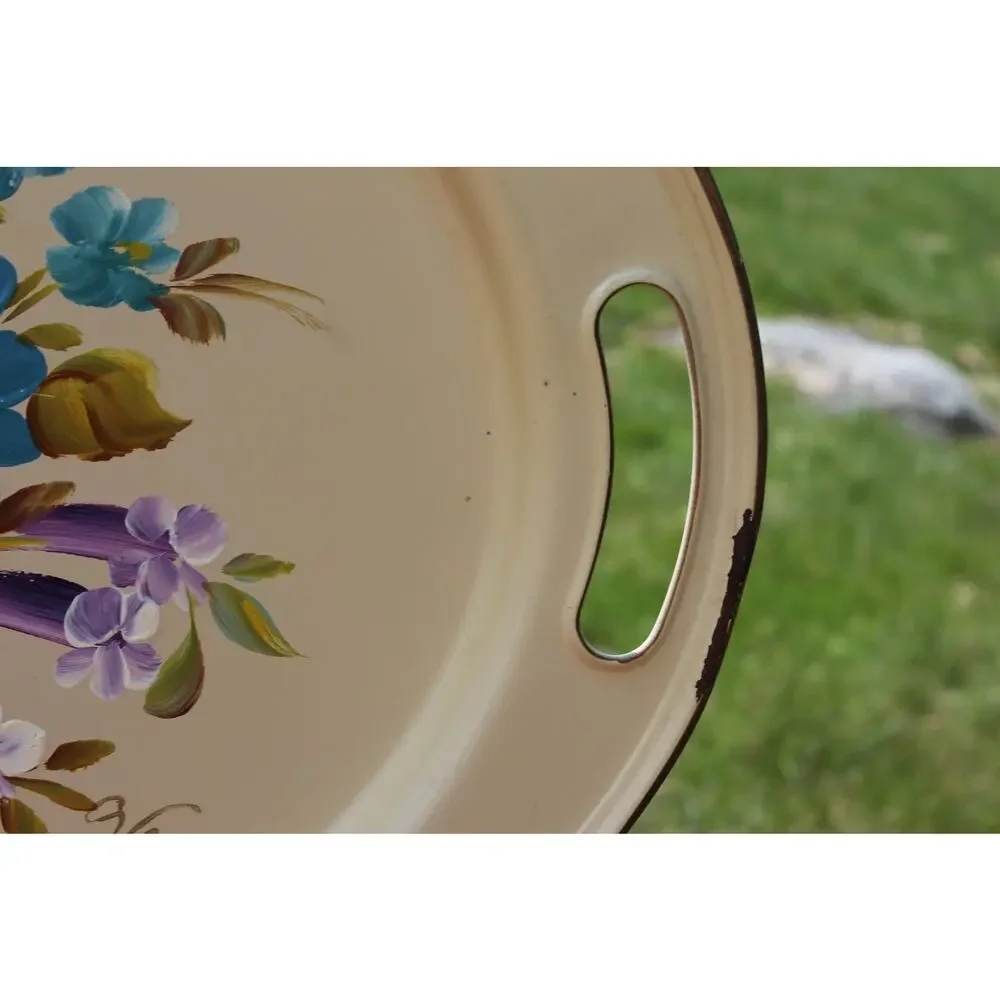 Nashco Tole Painted Metal Tray Vintage Hand Painted Floral Toleware Beige